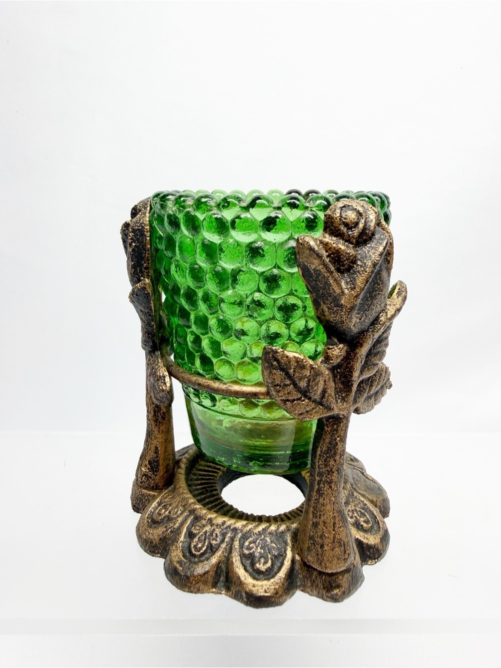 Vintage Floral Cast Iron Green Glass Votive Candle Holder